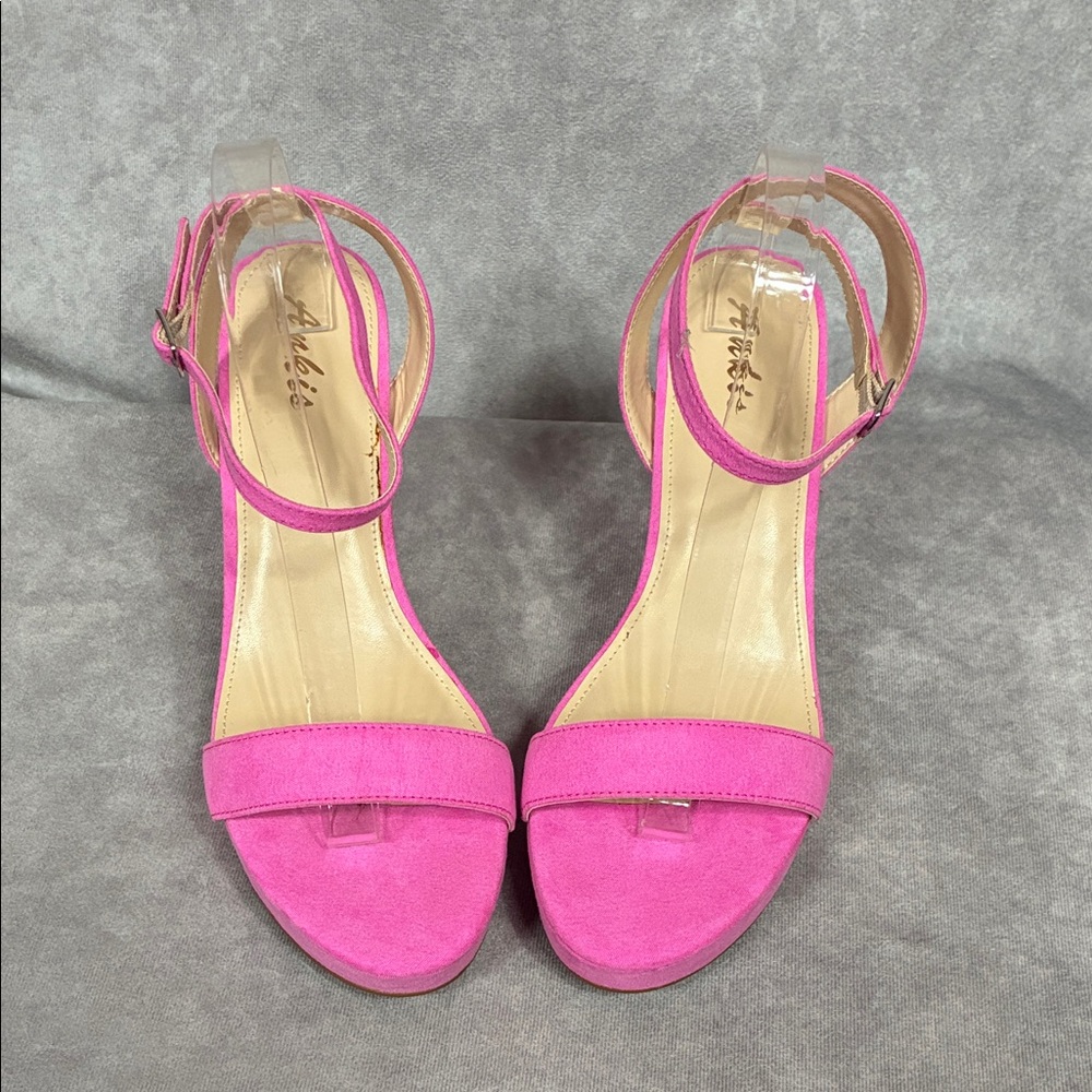 Ankis Hot Pink Suede Block Heel Ankle-Strap Sandals - Picture 2 of 7